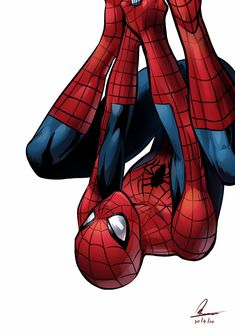 a spider - man hanging upside down with his hands in the air and eyes open