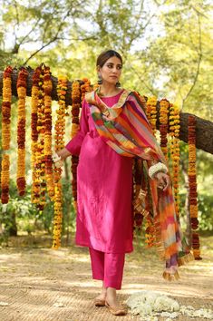 Anarkali in USA| Pink Cotton-Silk Straight Cut Kurta Palazzo Pant Set Dark Pink Kurti Combination, Leheriya Dupatta, Indian Pants, Plain Kurti, Cotton Suit Designs, Pink Kurti, Indian Kurtis, Suit Combinations