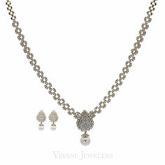 4.95CT Diamond Necklace & Earrings Set in 18K Gold W/ Pear Frame Pendant & Single Drop Pearl - Virani Jewelers Evening Jewelry, Vvs Diamond, Gold Bead Necklace, Pearl Size, Necklace Earring Set, Diamond Clarity, Necklace Earrings, Gold Beads, Bridal Wear