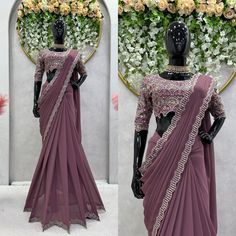 Ready to Wear Saree, Mauve Beautiful Sequins Saree with Stylish Blouse Work Party Wear Sarees For Women, Ready Made Saree For Women, New Saree Designs 2024, Party Wear Saree Look, Work Sarees Party Wear, Readymade Saree Party Wear, Sequins Saree, Cutwork Saree, Reception Saree