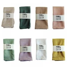 six different colors of napkins with labels on them