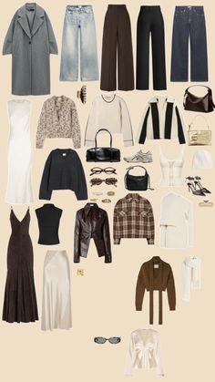 an assortment of clothing and accessories arranged in a gridlocked pattern on a beige background