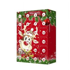 a red christmas calendar with a reindeer on it's face and numbers in the middle