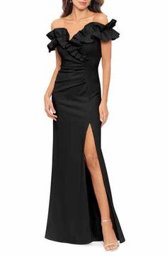 Xscape Evenings Cutout Shoulder Long Sleeve Gown | Nordstrom Scuba Gown, Ruched Gown, Knit Gown, Scuba Knit, Sheath Gown, Mob Dresses, Long Sleeve Gown, Column Gown, Midi Cocktail Dress