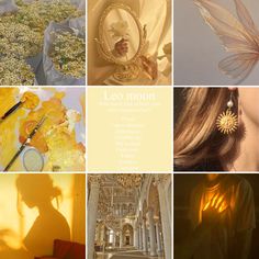 a collage of images with yellow flowers and leaves in the center, an image of a woman's shadow