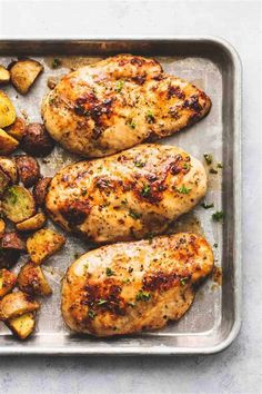 chicken and potatoes on a sheet pan with the title text overlay reads, how to make your own sheet pan chicken and potatoes