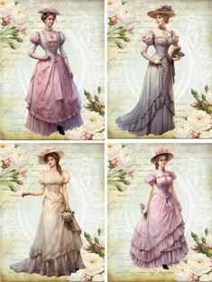 four pictures of women in dresses and hats, one is wearing a dress with ruffles