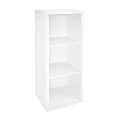 a white bookcase with three shelves on each side