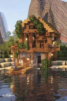 Aesthetic Minecraft Village Houses, Cute Cabin Minecraft, Beachside House Minecraft, Waterfront House Minecraft, Cobblestone Cottage Minecraft, Minecraft Large Staircase, Aesthetic Minecraft Cabin, Minecraft Beachside House, Minecraft House With Dock