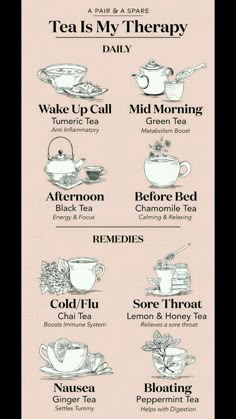 tea is my therapy poster with the words, wake up call morning before bedtime