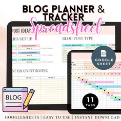 the blog planner and tracker spreadsheet is displayed on an ipad, tablet or phone