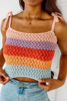 Rainbow Sherbet Tie Shoulder Crop Top  Step into style with this trendy crochet top. Featuring sherbet coloring, loose knitting, and skinny tie straps for detailing.  61% acrylic 39% poly Stretchy. Runs true to size. Model is in size small     Small 2-4 Medium 6-8 Large 10-12  Shop all your favs + all the new at shoppoppyandseed.com + receive 15% off your first order! ❤ Loose Knitting, Rainbow Sherbet, Trendy Crochet, Bright Colored, Cropped Tube Top, Shoulder Crop Top, Preppy Outfits, Womens Clothing Tops, Crochet Top