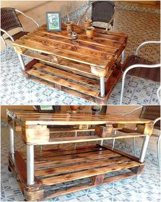 two pictures of a coffee table made out of pallet wood with metal legs and wheels