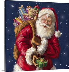 a painting of santa holding a bag full of gifts