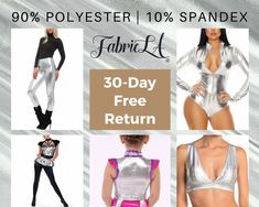 four different pictures of women in silver and black outfits with text that reads, 30 - day free return