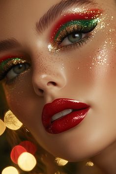 Dazzling red and green makeup look for the holiday spirit!   #HolidayMakeup #ChristmasGlam #FestiveLooks #GlitterMakeup #BeautyInspo Christmas Lips Ideas, Christmas Light Eye Makeup, Green Eyeshadow Red Lipstick, Christmas Makeup Red And Green, Christmas Makeup Lips, Red And Green Eyeshadow Looks, Christmas Lipstick Ideas, Peppermint Makeup Look, Xmas Eye Makeup