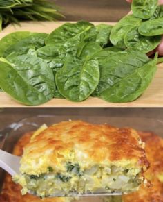 spinach and egg casserole being cut in half