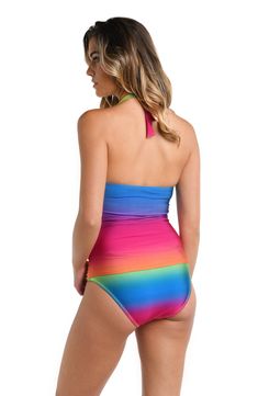 Elevate your beach style with this swimsuit featuring a stunning ombre rainbow multicolored print, reminiscent of sunlit skies and joyful vibes. Styled with a deep, plunging neckline, this suit features halter straps that bring balance to your shoulders. Built-in cups and straps that tie around the neck lift and separate for just-right support. Offering the mix-and-match versatility of a bikini with the coverage of a one-piece suit, it's destined to be your go-to this season. [split] Details Hal Rainbow Print Swimwear For Beach, Multicolor Triangle Halter Top For Poolside, Multicolor Sleeveless Swimwear For Beach Party, Multicolor Rainbow Print Swimwear For Poolside, Multicolor Rainbow Print Swimwear For Spring, Multicolor Halter Neck Swimwear For Vacation, Rainbow Colored Summer Swimwear For Beach Season, Rainbow Summer Swimwear For Beach Season, Rainbow Swimwear For Beach Season