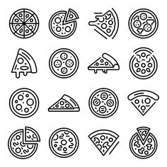 different kinds of pizzas are shown in black and white