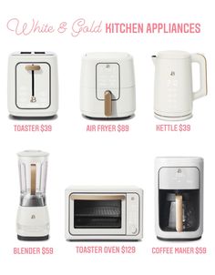 white and gold appliances are on sale for $ 399, including toaster oven, microwave, coffee maker, blender, etc