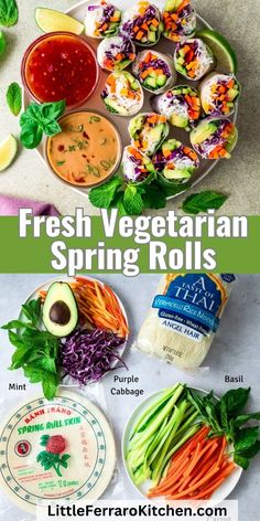 fresh vegetarian spring rolls with dipping sauce and vegetables on the side, along with other ingredients