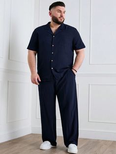 Navy Blue Casual Collar   Plain  Embellished Medium Stretch  Men Plus Size Clothing Semi Formal Men Outfit Plus Size, Navy Blue Button Up Shirt Outfit Men, Casual Outfits For Men Simple, Navy Blue Outfits For Men, Plus Size Men Outfits Formal, Styles For Big Men, Navy Blue Outfit Men, Men Plus Size Outfits, Fat Men Style