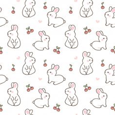 an image of rabbits and cherries on a white background with pink outlines in the shape of hearts