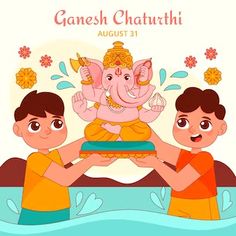 two boys are holding up a small ganesha