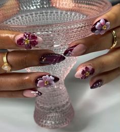 Brown And Lavender Nails, Purple Nail Aesthetic, Purple Autumn Nails, Pink Autumn Nails, Purple Nails Almond, Purple Flower Nails, Nessa Nails, Future Vision