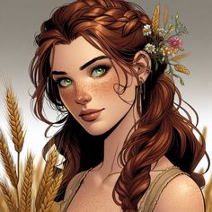 a woman with long hair and green eyes is standing in front of some wheat stalks