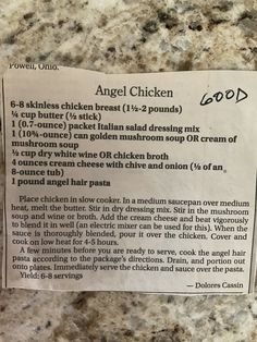 the ingredients for an angel chicken recipe on a granite countertop with a price label