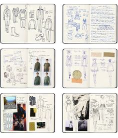 four pages in a book with drawings and sketches on them, all showing different people's outfits