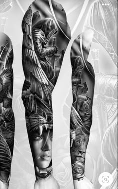 an image of some tattoos on someone's arm and leg, with birds flying over them