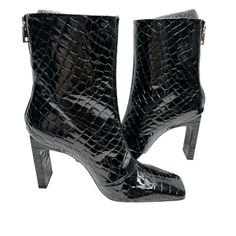 Nin Good American Boots Women Sz 6.5 Black Zip Square Toe Croc Embossed Block Heel, Color Black Croc Detail, Size 6.5 But Would Fit Size 6 Comfortably, They Run Small, Gold Back Zipper Closure, Pull On Style, Square Toe, New In Box, Box Shows Some Sign Of Damage From Warehouse, 4" Heel, Excellent New Condition, No Flaws Black Square Toe Heeled Boots With Branded Heel Counter, Black Heeled Boots With Square Toe For Evening, Black Square Toe Heeled Boots For Night Out, Black Square Toe Heeled Boots For Evening, Black Square Toe Boots For Evening, Black Square Toe Evening Boots, Black Patent Leather Boots, Thigh High Heels, Leopard Print Boots