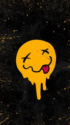 a yellow smiley face with dripping paint on it's face and tongue sticking out