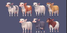 the cows are all different colors in this animation video game, and they appear to be animated