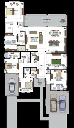 the floor plan for a home with two car garages and living room, dining area