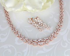 Bridal necklace SET Wedding jewelry set Crystal necklace Dazzling Rose Gold Jewelry Sets For Wedding, Rose Gold Cubic Zirconia Bridal Necklace For Anniversary, Hand Set Rose Gold Bridal Necklace For Anniversary, Rose Gold Hand Set Necklace For Wedding, Hand Set Rose Gold Necklace For Wedding, Hand Set Rose Gold Necklaces For Wedding, Rose Gold Cubic Zirconia Necklace Hand Set, Rose Gold Bridal Jewelry Set, Gold Bridal Jewelry