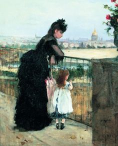 a painting of a woman and child on a balcony