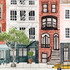 watercolor painting of buildings in new york city, with a yellow car parked on the street