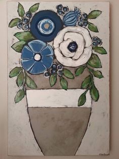 a painting of flowers in a vase with green leaves and blue buttons on the bottom