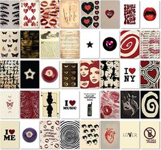 a collage of many different types of tattoos and designs on white paper with red ink