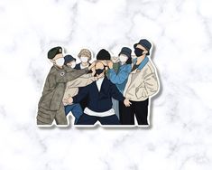 stickers depicting people wearing masks and holding each other in front of a marble background