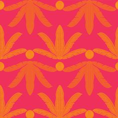 an orange and red pattern with leaves on it's side, in the middle of a pink background