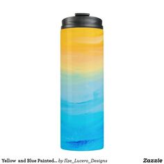 a yellow and blue water bottle with the lid up to it's side, on a white background