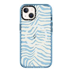 an iphone case with blue and white zebra print