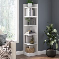 a living room with a white bookcase next to a potted plant