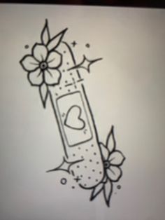 a drawing of a bottle with flowers and hearts on it's side is shown