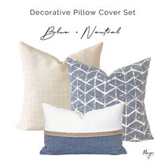 decorative pillow cover set in blue and white with text overlay that reads decorative pillow cover set