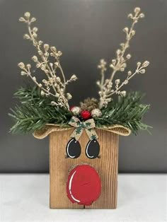 a wooden box with some plants in it and a reindeer's nose painted on the side